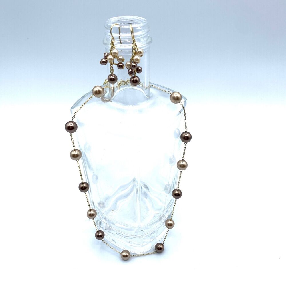 VTG RMN Glass Faux Pearl Necklace& earring set gold Tone 16"w/ 3" extension